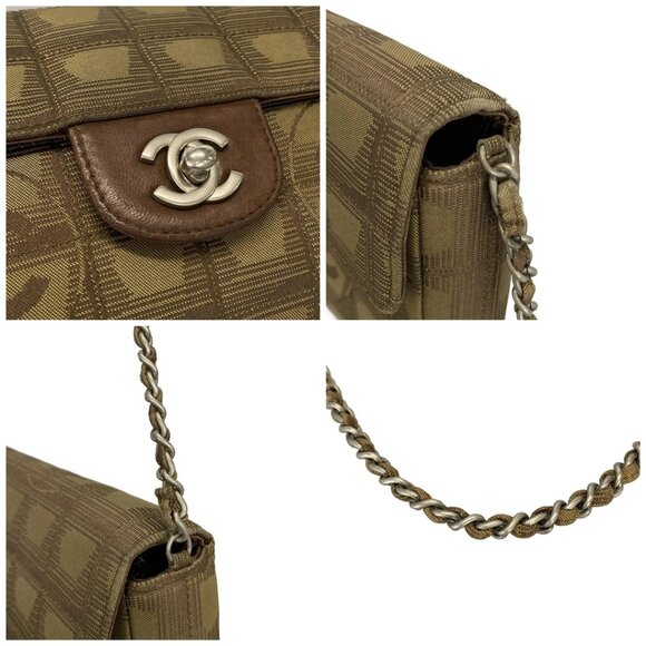 Auth CHANEL New Travel Line / Chocolate Bar Stitch Khaki Dark Brown - Picture 11 of 14